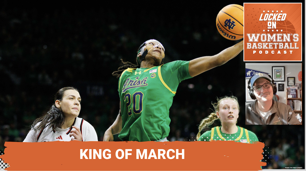 Podcast promo graphic with a photo of Notre Dame's Liatu King mid layup.